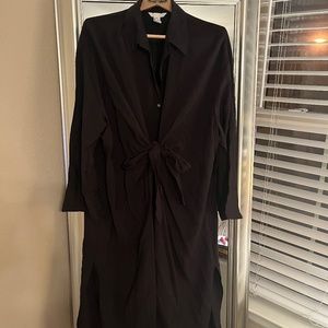 H &M long black front tie button down dress XL